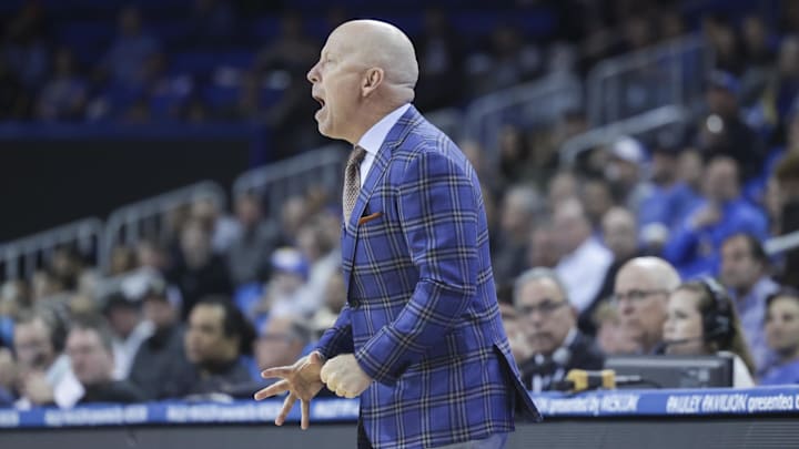 Feb 15, 2024; Los Angeles, California, USA; UCLA head coach Mick Cronin reacts during the first half in a game against the Colorado Buffaloes at Pauley Pavilion presented by Wescom. Mandatory Credit: Yannick Peterhans-Imagn Images


