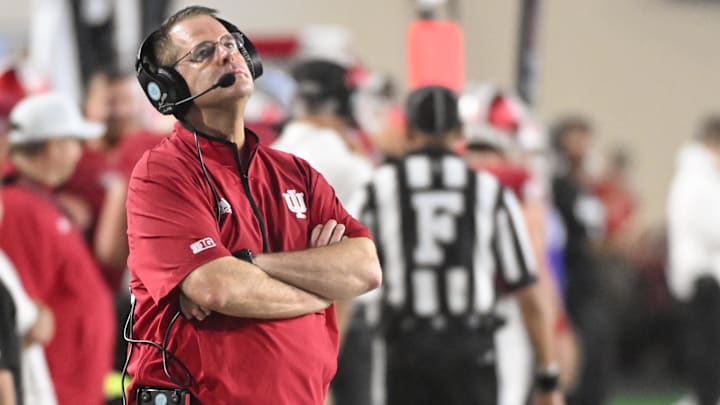 Sep 20, 2025; Bloomington, Indiana, USA; Indiana Hoosiers head coach Curt Cignetti reacts after a play during the second half against the Illinois Fighting Illini at Memorial Stadium. Mandatory Credit: Robert Goddin-Imagn Images