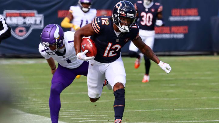 Velus Jones Jr. is run out of bounds against the Vikings lsat year. The new kickoff rule means a brand new world for Jones.