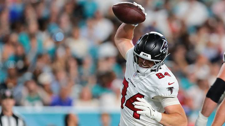 Aug 28, 2026; Miami Gardens, Florida, USA; Atlanta Falcons tight end Jack Velling (84) spikes the football after scoring a touchdown against the Miami Dolphins during the second quarter at Hard Rock Stadium. Mandatory Credit: Sam Navarro-Imagn Images