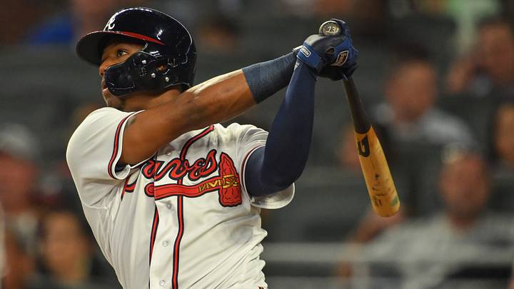 Atlanta Braves left fielder Ronald Acuna Jr. (13) doubles against the Toronto Blue Jays during the fifth inning at SunTrust Park. Mandatory Credit: Dale Zanine-USA TODAY Sports Atlanta Braves left fielder Ronald Acuna Jr. (13) doubles against the Toronto Blue Jays during the fifth inning at SunTrust Park. Mandatory Credit: Dale Zanine-USA TODAY Sports