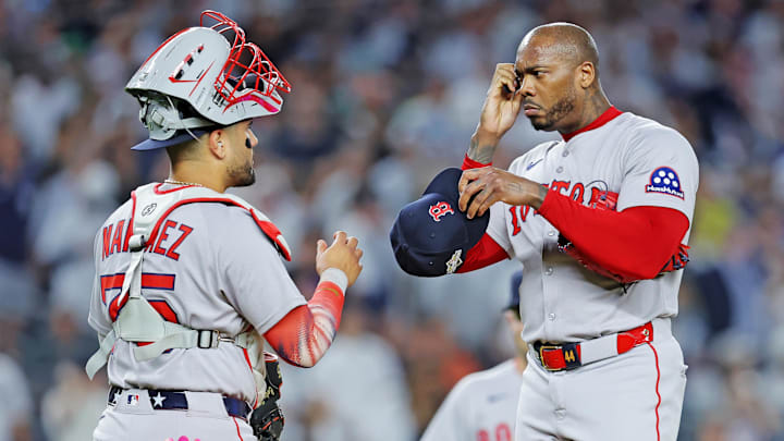 Sep 30, 2025; Bronx, New York, USA; Boston Red Sox pitcher Aroldis Chapman (44) reacts after the pitch com went down during the eighth inning against the New York Yankees during game one of the Wildcard round for the 2025 MLB playoffs at Yankee Stadium. Mandatory Credit: Brad Penner-Imagn Images Sep 30, 2025; Bronx, New York, USA; Boston Red Sox pitcher Aroldis Chapman (44) reacts after the pitch com went down during the eighth inning against the New York Yankees during game one of the Wildcard round for the 2025 MLB playoffs at Yankee Stadium. Mandatory Credit: Brad Penner-Imagn Images