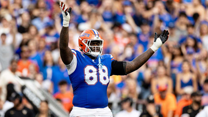 Florida Gators defensive lineman Caleb Banks (88) hypes the crowd during the first half against the Vanderbilt Commodores at Steve Spurrier Field at Ben Hill Griffin Stadium in Gainesville, FL on Saturday, October 7, 2023. [Matt Pendleton/Gainesville Sun]