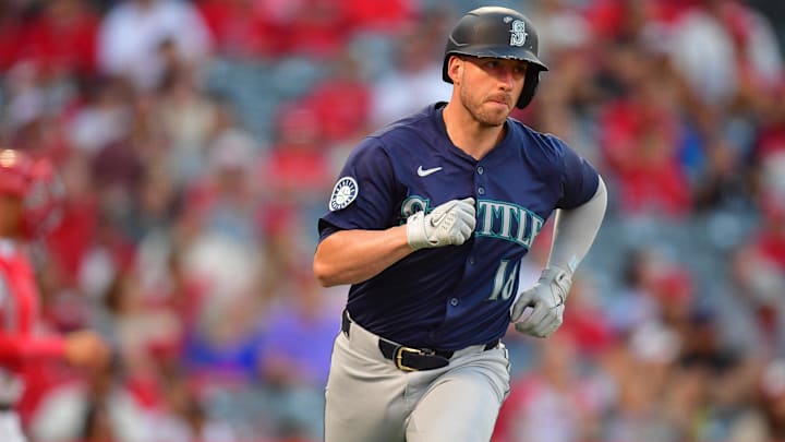 Seattle Mariners designated hitter Mitch Garver runs after a double against the Los Angeles Angels on Aug. 18 at Angel Stadium. Seattle Mariners designated hitter Mitch Garver runs after a double against the Los Angeles Angels on Aug. 18 at Angel Stadium.