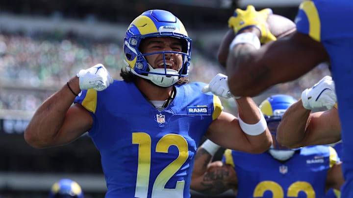 Sep 21, 2025; Philadelphia, Pennsylvania, USA; Los Angeles Rams wide receiver Puka Nacua (12) reacts against the Philadelphia Eagles  during the first half at Lincoln Financial Field. Mandatory Credit: Bill Streicher-Imagn Images