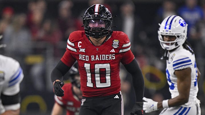 Dec 6, 2025; Arlington, TX, USA; Texas Tech Red Raiders linebacker Jacob Rodriguez (10) drops in coverage during the game between the Red Raiders and the Cougars at AT&T Stadium. Mandatory Credit: Jerome Miron-Imagn Images Dec 6, 2025; Arlington, TX, USA; Texas Tech Red Raiders linebacker Jacob Rodriguez (10) drops in coverage during the game between the Red Raiders and the Cougars at AT&T Stadium. Mandatory Credit: Jerome Miron-Imagn Images