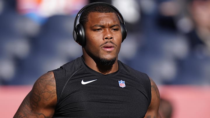 Dec 21, 2025; Denver, Colorado, USA;  Jacksonville Jaguars defensive end Travon Walker (44) before the game against the Denver Broncos at Empower Field at Mile High. Mandatory Credit: Ron Chenoy-Imagn Images