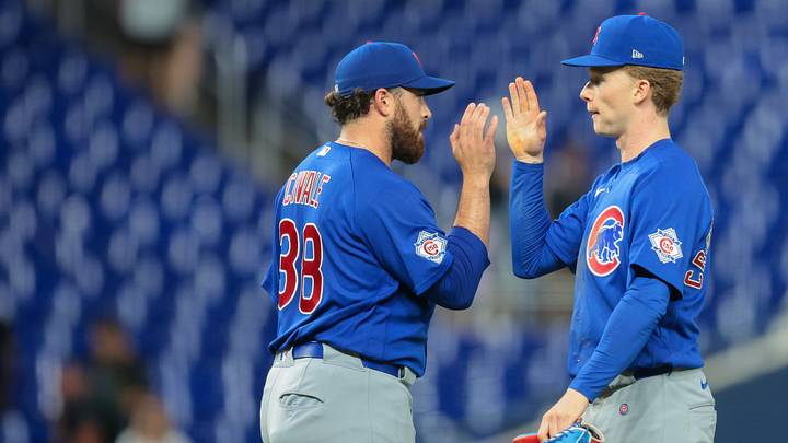 Sep 4, 2026: Chicago Cubs center fielder Pete Crow-Armstrong (4) celebrates with pitcher Aaron Civale (38) after the game against the Miami Marlins at loanDepot Park. Credit: Sam Navarro-Imagn Images