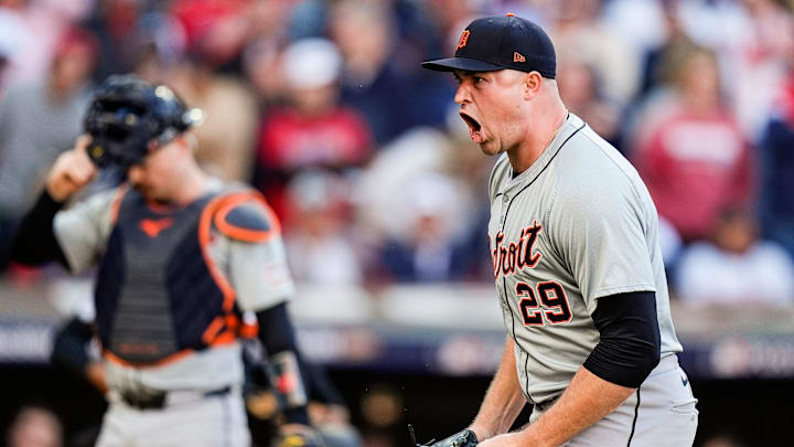 Detroit Tigers pitcher Tarik Skubal (29) reacts after pitching the fifth inning of Game 2 of ALDS against Cleveland Guardians at Progressive Field in Cleveland, Ohio on Monday, Oct. 7, 2024.