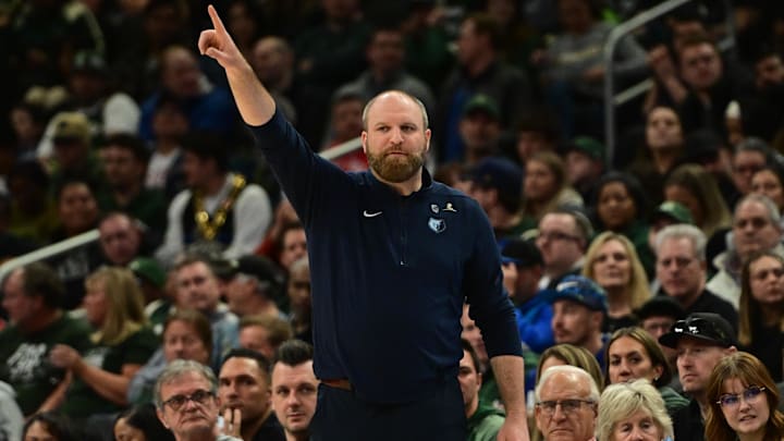 Apr 3, 2024; Milwaukee, Wisconsin, USA; Memphis Grizzlies head coach Taylor Jenkins calls a play in the third quarter against the Milwaukee Bucks at Fiserv Forum. Mandatory Credit: Benny Sieu-USA TODAY Sports