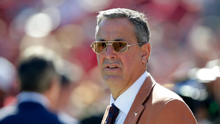 University of Texas athletic director Chris Del Conte is seen before the Red River Showdown college football game between the University of Oklahoma Sooners (OU) and the University of Texas (UT) Longhorns at the Cotton Bowl in Dallas, Saturday, Oct. 9, 2021.  Oklahoma won 55-48.

Ou Vs Texas