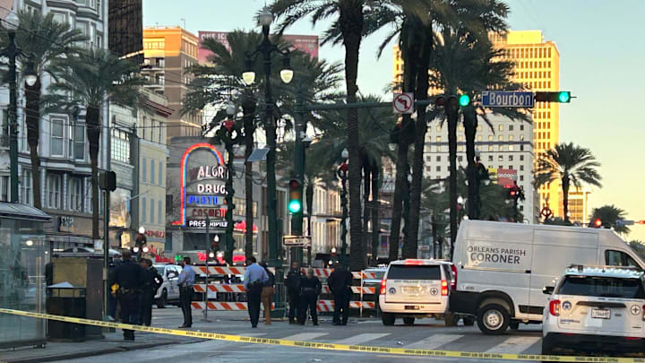 Police tape keeps people away from the scene of a crash that killed 10 and injured more than 30 on Bourbon Steet in New Orleans on Jan. 1, 2025.