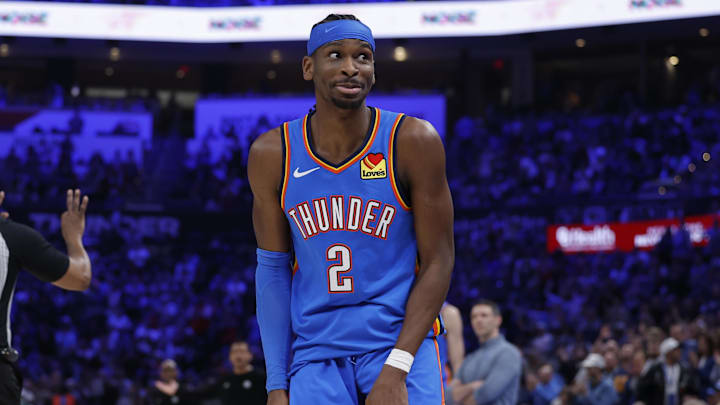 Mar 12, 2026; Oklahoma City, Oklahoma, USA; Oklahoma City Thunder guard Shai Gilgeous-Alexander (2) looks at the home bench after scoring against the Boston Celtics during the second quarter at Paycom Center. Mandatory Credit: Alonzo Adams-Imagn Images