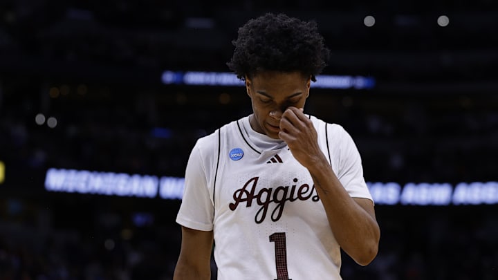 Mar 22, 2025; Denver, CO, USA; Texas A&M Aggies guard Zhuric Phelps (1) reacts after the game against the Michigan Wolverines in the second round of the NCAA Tournament at Ball Arena. Mandatory Credit: Isaiah J. Downing-Imagn Images Mar 22, 2025; Denver, CO, USA; Texas A&M Aggies guard Zhuric Phelps (1) reacts after the game against the Michigan Wolverines in the second round of the NCAA Tournament at Ball Arena. Mandatory Credit: Isaiah J. Downing-Imagn Images