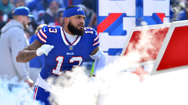 Jan 15, 2023; Orchard Park, NY, USA; Buffalo Bills wide receiver Gabe Davis (13) is introduced before playing against the Miami Dolphins in a NFL wild card game at Highmark Stadium. Jan 15, 2023; Orchard Park, NY, USA; Buffalo Bills wide receiver Gabe Davis (13) is introduced before playing against the Miami Dolphins in a NFL wild card game at Highmark Stadium.