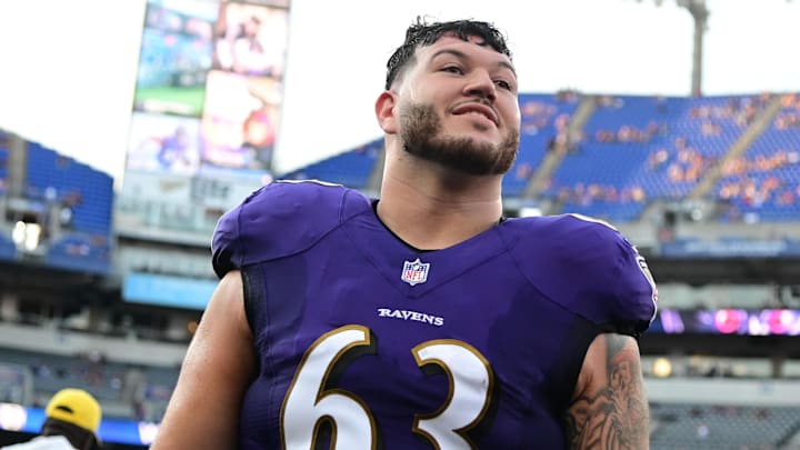 Baltimore Ravens center Trystan Colon walks to the locker room before the game against the Tennessee Titans.