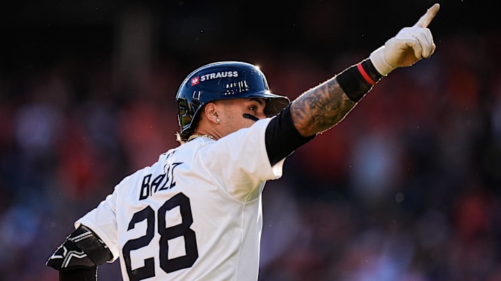 Tigers shortstop Javier Baez acknowledges the fans after hitting a two-run home run in the ALDS. 
