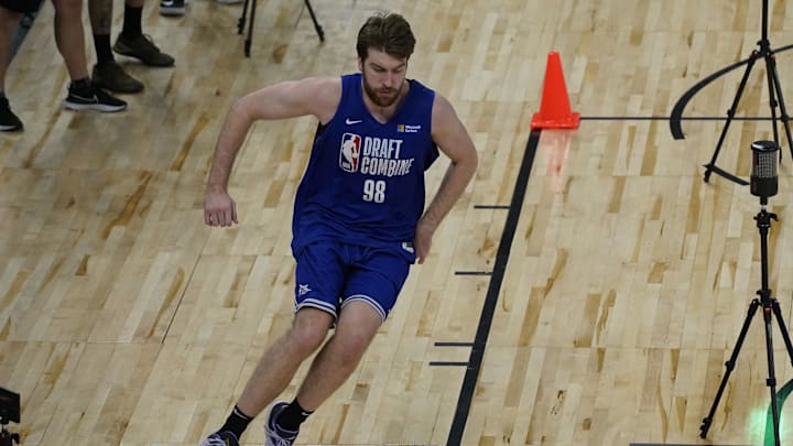 May 15, 2023; Chicago, Il, USA; Drew Timme of Gonzaga participates in the 2023 NBA Draft Combine at Wintrust Arena. Mandatory Credit: David Banks-Imagn Images