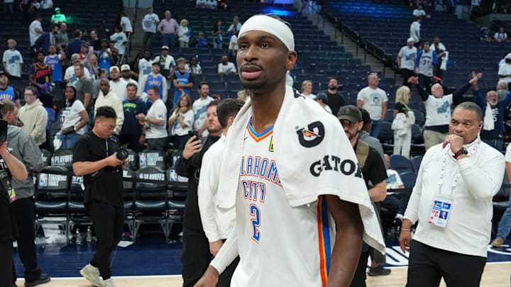 Oklahoma City Thunder guard Shai Gilgeous-Alexander walks on the court after the Game 4 win vs. the Minnesota Timberwolves. 