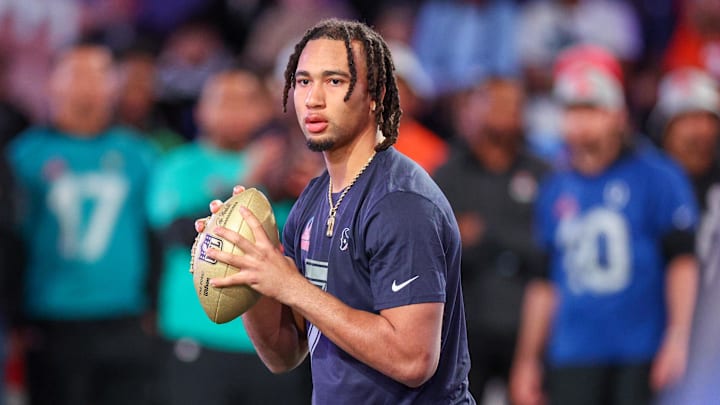 Feb 1, 2024; Orlando, FL, USA;  Houston Texans quarterback C.J. Stroud (7) participates in the NFL Pro Bowl Skills Competition at the UCF NIcholson Fieldhouse. Mandatory Credit: Nathan Ray Seebeck-Imagn Images