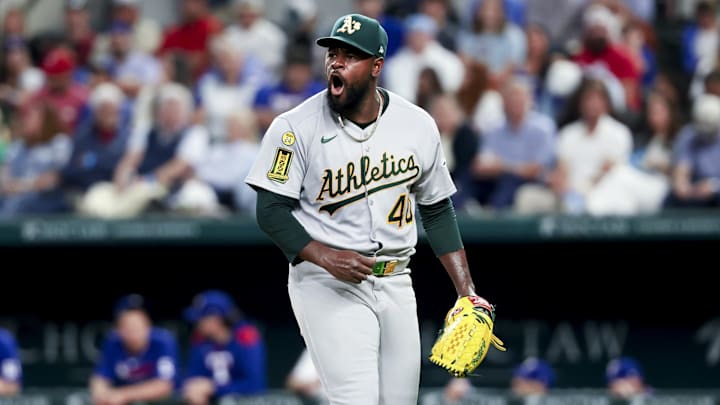 Apr 30, 2025; Arlington, Texas, USA; Oakland Athletics starting pitcher Luis Severino (40) reacts during the third inning against the Texas Rangers at Globe Life Field. Mandatory Credit: Kevin Jairaj-Imagn Images Apr 30, 2025; Arlington, Texas, USA; Oakland Athletics starting pitcher Luis Severino (40) reacts during the third inning against the Texas Rangers at Globe Life Field. Mandatory Credit: Kevin Jairaj-Imagn Images