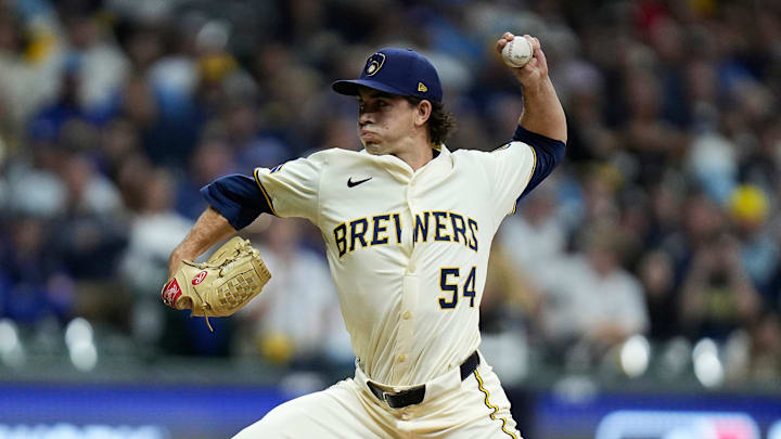 Milwaukee Brewers pitcher Robert Gasser (54) pitches during the eighth inning of the National League Championship Series game against the Los Angeles Dodgers October 14, 2025 at American Family Field in Milwaukee, Wisconsin.