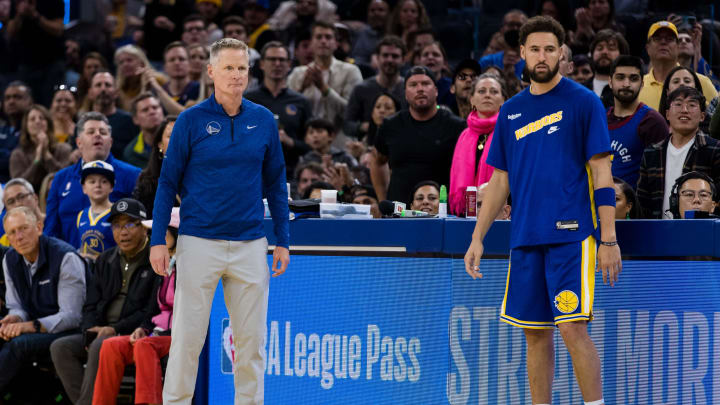 Golden State Warriors head coach Steve Kerr and guard Klay Thompson. Golden State Warriors head coach Steve Kerr and guard Klay Thompson.