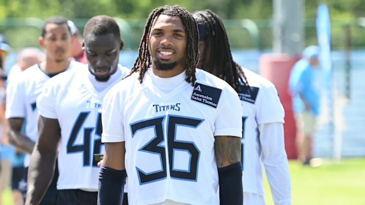Jul 23, 2025; Nashville, TN, USA;  Tennessee Titans cornerback Jalen Kimber (35) walks off the field during training camp at Ascension Saint Thomas Sports Park.