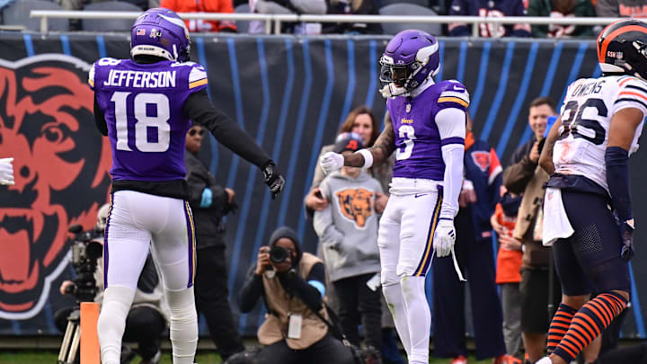 Nov 24, 2024; Chicago, Illinois, USA; Minnesota Vikings wide receiver Jordan Addison (3) celebrates his receiving touchdown with wide receiver Justin Jefferson (18) against the Chicago Bears during the second quarter at Soldier Field. Mandatory Credit: Daniel Bartel-Imagn Images Nov 24, 2024; Chicago, Illinois, USA; Minnesota Vikings wide receiver Jordan Addison (3) celebrates his receiving touchdown with wide receiver Justin Jefferson (18) against the Chicago Bears during the second quarter at Soldier Field. Mandatory Credit: Daniel Bartel-Imagn Images