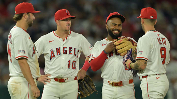 Jul 28, 2025; Anaheim, California, USA; Los Angeles Angels first baseman Nolan Schanuel (18), third baseman Kevin Newman (10), third baseman Luis Rengifo (2) and shortstop Zach Neto (9) talk on the field during a pitching change against the Texas Rangers at Angel Stadium. Mandatory Credit: Jayne Kamin-Oncea-Imagn Images Jul 28, 2025; Anaheim, California, USA; Los Angeles Angels first baseman Nolan Schanuel (18), third baseman Kevin Newman (10), third baseman Luis Rengifo (2) and shortstop Zach Neto (9) talk on the field during a pitching change against the Texas Rangers at Angel Stadium. Mandatory Credit: Jayne Kamin-Oncea-Imagn Images