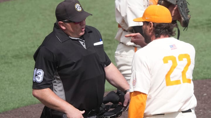 Tennessee baseball coach Tony Vitello exchanges words with the home-plate umpire John Brammer before being ejected during an NCAA baseball game between Tennessee and Auburn on May 4, 2025, in Knoxville, Tenn. Tennessee baseball coach Tony Vitello exchanges words with the home-plate umpire John Brammer before being ejected during an NCAA baseball game between Tennessee and Auburn on May 4, 2025, in Knoxville, Tenn.