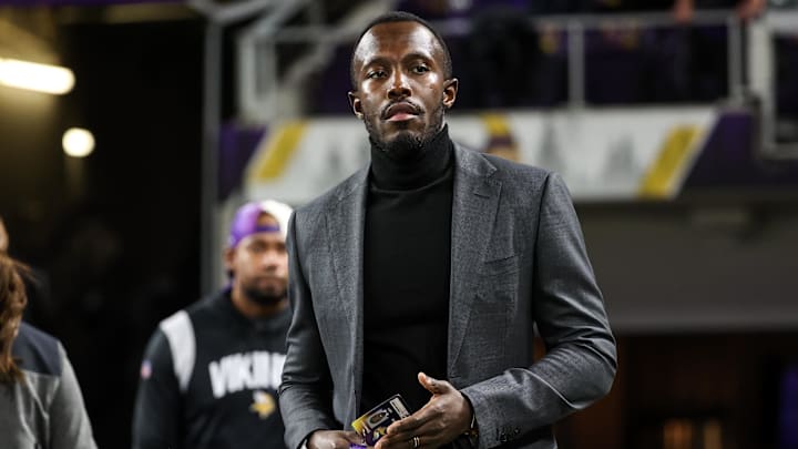 Nov 24, 2022; Minneapolis, Minnesota, USA; Minnesota Vikings general manager Kwesi Adofo-Mensah looks on before the game against the New England Patriots at U.S. Bank Stadium. Nov 24, 2022; Minneapolis, Minnesota, USA; Minnesota Vikings general manager Kwesi Adofo-Mensah looks on before the game against the New England Patriots at U.S. Bank Stadium.