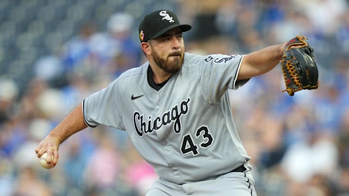 Aug 15, 2025; Kansas City, Missouri, USA; Chicago White Sox starting pitcher Aaron Civale (43) pitches during the first inning against the Kansas City Royals at Kauffman Stadium. Mandatory Credit: Jay Biggerstaff-Imagn Images