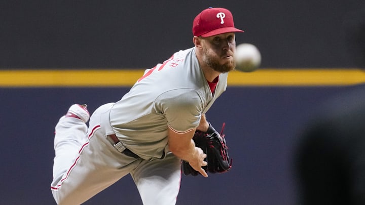 Sep 17, 2024; Milwaukee, Wisconsin, USA;  Philadelphia Phillies pitcher Zack Wheeler (45) throws a pitch during the first inning against the Milwaukee Brewers at American Family Field. 