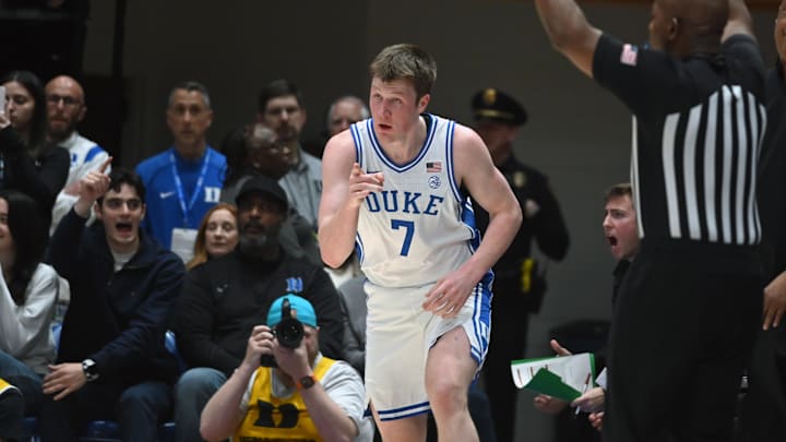 Jan 14, 2025; Durham, North Carolina, USA; dDuke Blue Devils forward Kon Knueppel (7) reacts after hitting a three-pointer during the first half against the Miami Hurricanes at Cameron Indoor Stadium. Mandatory Credit: Rob Kinnan-Imagn Images Jan 14, 2025; Durham, North Carolina, USA; dDuke Blue Devils forward Kon Knueppel (7) reacts after hitting a three-pointer during the first half against the Miami Hurricanes at Cameron Indoor Stadium. Mandatory Credit: Rob Kinnan-Imagn Images