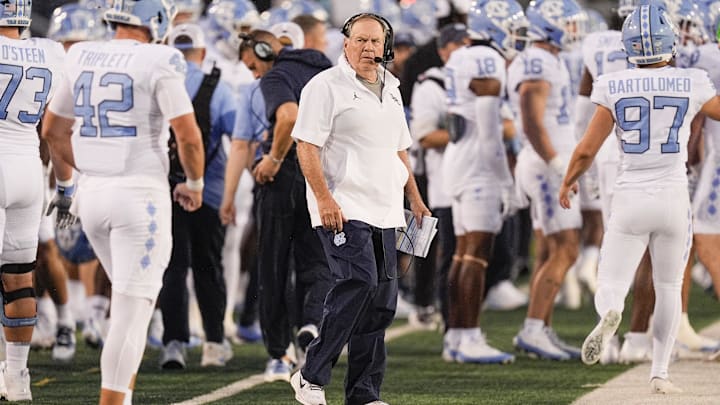 Sep 6, 2025; Charlotte, North Carolina, USA;  North Carolina Tar Heels head coach Bill Belichic during the first quarter against the Charlotte 49ers at Jerry Richardson Stadium. Mandatory Credit: Jim Dedmon-Imagn Images