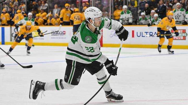 Oct 26, 2025; Nashville, Tennessee, USA;  Dallas Stars center Mavrik Bourque (22) takes a shot on goal against the Nashville Predators during the second period at Bridgestone Arena. Mandatory Credit: Steve Roberts-Imagn Images
