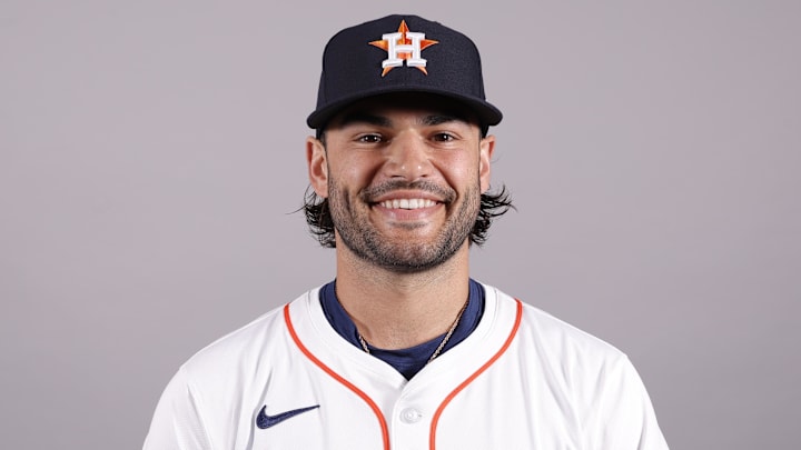 Feb 20, 2025; West Palm Beach, FL, USA; Houston Astros pitcher Lance McCullers Jr. (43) poses for a photo at the Houston Astros media day. Feb 20, 2025; West Palm Beach, FL, USA; Houston Astros pitcher Lance McCullers Jr. (43) poses for a photo at the Houston Astros media day.