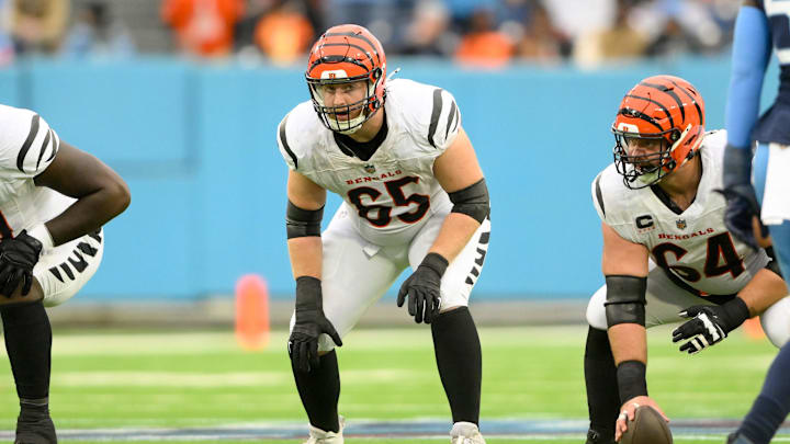 Dec 15, 2024; Nashville, Tennessee, USA; Cincinnati Bengals guard Alex Cappa (65) in his stance against the Tennessee Titans during the first half at Nissan Stadium. Mandatory Credit: Steve Roberts-Imagn Images Dec 15, 2024; Nashville, Tennessee, USA; Cincinnati Bengals guard Alex Cappa (65) in his stance against the Tennessee Titans during the first half at Nissan Stadium. Mandatory Credit: Steve Roberts-Imagn Images