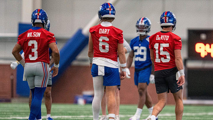 New York Giants quarterbacks Russell Wilson (3), Jaxson Dart (6) and Tommy DeVito (15) perform drills together during Mandatory Minicamp at Quest Diagnostics Giants Training Center in East Rutherford on Tuesday, June 17, 2025.