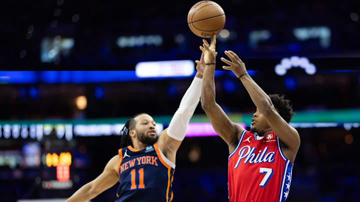 Apr 28, 2024; Philadelphia, Pennsylvania, USA; Philadelphia 76ers guard Kyle Lowry (7) shoots past