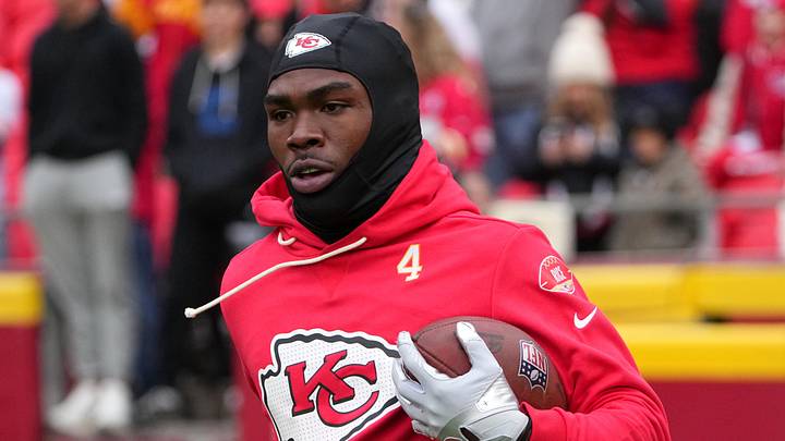 Nov 23, 2025; Kansas City, Missouri, USA; Kansas City Chiefs wide receiver Rashee Rice (4) warms up before the game against the Indianapolis Colts at GEHA Field at Arrowhead Stadium. Mandatory Credit: Denny Medley-Imagn Images