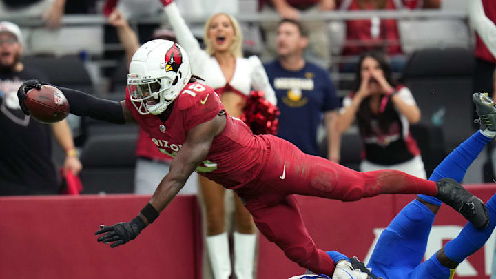 Arizona Cardinals receiver Marvin Harrison Jr. dives to score a touchdown vs. the Los Angeles Rams. Arizona Cardinals receiver Marvin Harrison Jr. dives to score a touchdown vs. the Los Angeles Rams.