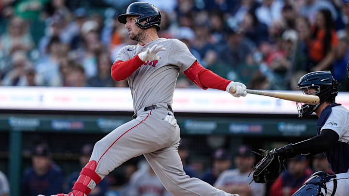 Boston Red Sox third baseman Alex Bregman (2) bats against Detroit Tigers during the first inning during the first inning at Comerica Park in Detroit on Wednesday, May 14, 2025.