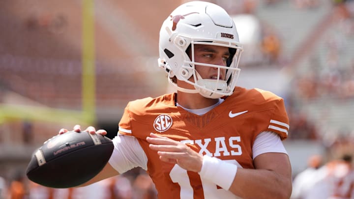 Sep 13, 2025; Austin, Texas, USA; Texas Longhorns quarterback Arch Manning (16) warms up before a game against the Texas El Paso Miners at Darrell K Royal-Texas Memorial Stadium. Mandatory Credit: Scott Wachter-Imagn Images