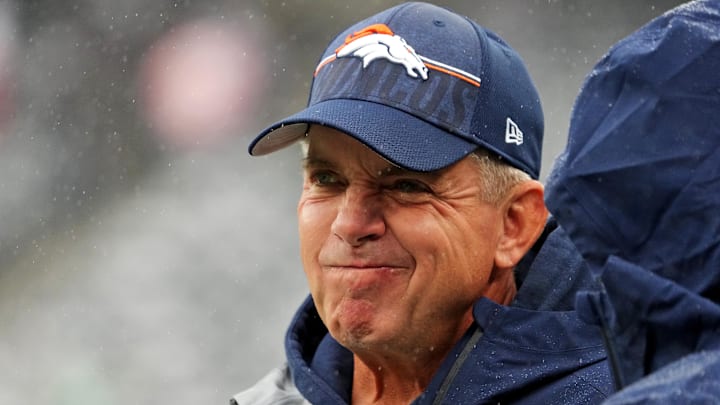 Sep 29, 2024; East Rutherford, New Jersey, USA;  Denver Broncos head coach Sean Payton looks on before the game against the New York Jets at MetLife Stadium. 