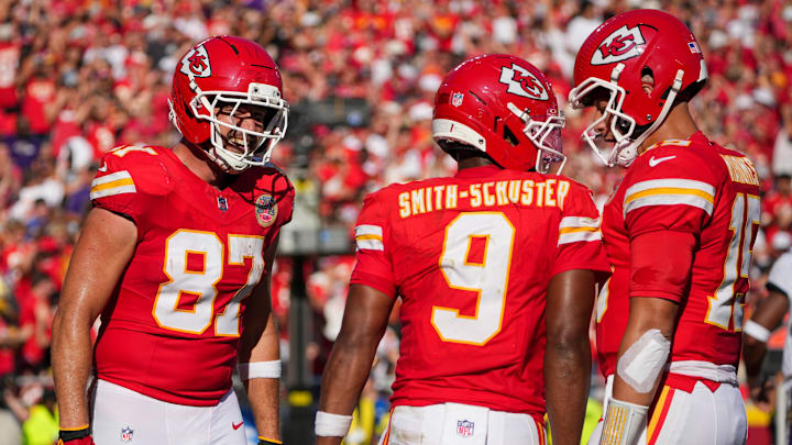 Sep 28, 2025; Kansas City, Missouri, USA; Kansas City Chiefs wide receiver Juju Smith-Schuster (9) celebrates with quarterback Patrick Mahomes (15) and tight end Travis Kelce (87) against the Baltimore Ravens after scoring during the game at GEHA Field at Arrowhead Stadium. Mandatory Credit: Denny Medley-Imagn Images