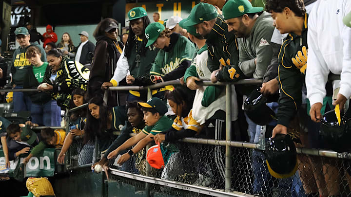 Sep 25, 2024; Oakland, California, USA; Oakland Athletics relief pitcher Mason Miller (19) leaves the field after the game against the Texas Rangers at Oakland-Alameda County Coliseum.