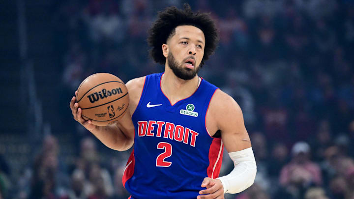 Jan 4, 2026; Cleveland, Ohio, USA; Detroit Pistons guard Cade Cunningham (2) brings the ball up court against the Cleveland Cavaliers during the first quarter at Rocket Arena. Mandatory Credit: Ken Blaze-Imagn Images