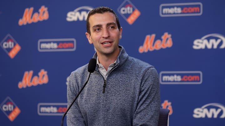 Jul 30, 2024; New York City, New York, USA; New York Mets president of baseball operations David Stearns speaks to the media about the MLB trade deadline before a game against the Minnesota Twins at Citi Field. Mandatory Credit: Brad Penner-Imagn Images Jul 30, 2024; New York City, New York, USA; New York Mets president of baseball operations David Stearns speaks to the media about the MLB trade deadline before a game against the Minnesota Twins at Citi Field. Mandatory Credit: Brad Penner-Imagn Images